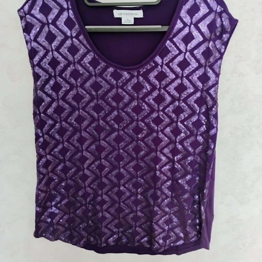 Liz Claiborne Purple Sequin Geometric Cap Sleeve Top Size Large